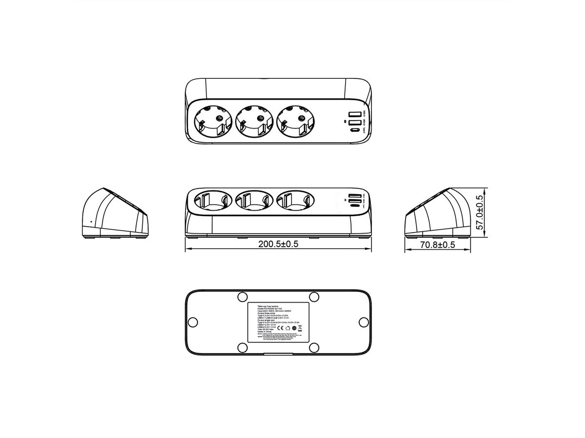 VALUE Tisch-Steckdosenleiste, 3fach mit Schalter, inkl. 3x USB (2x A, 1x C), mit Tischklemme, 1,5 m