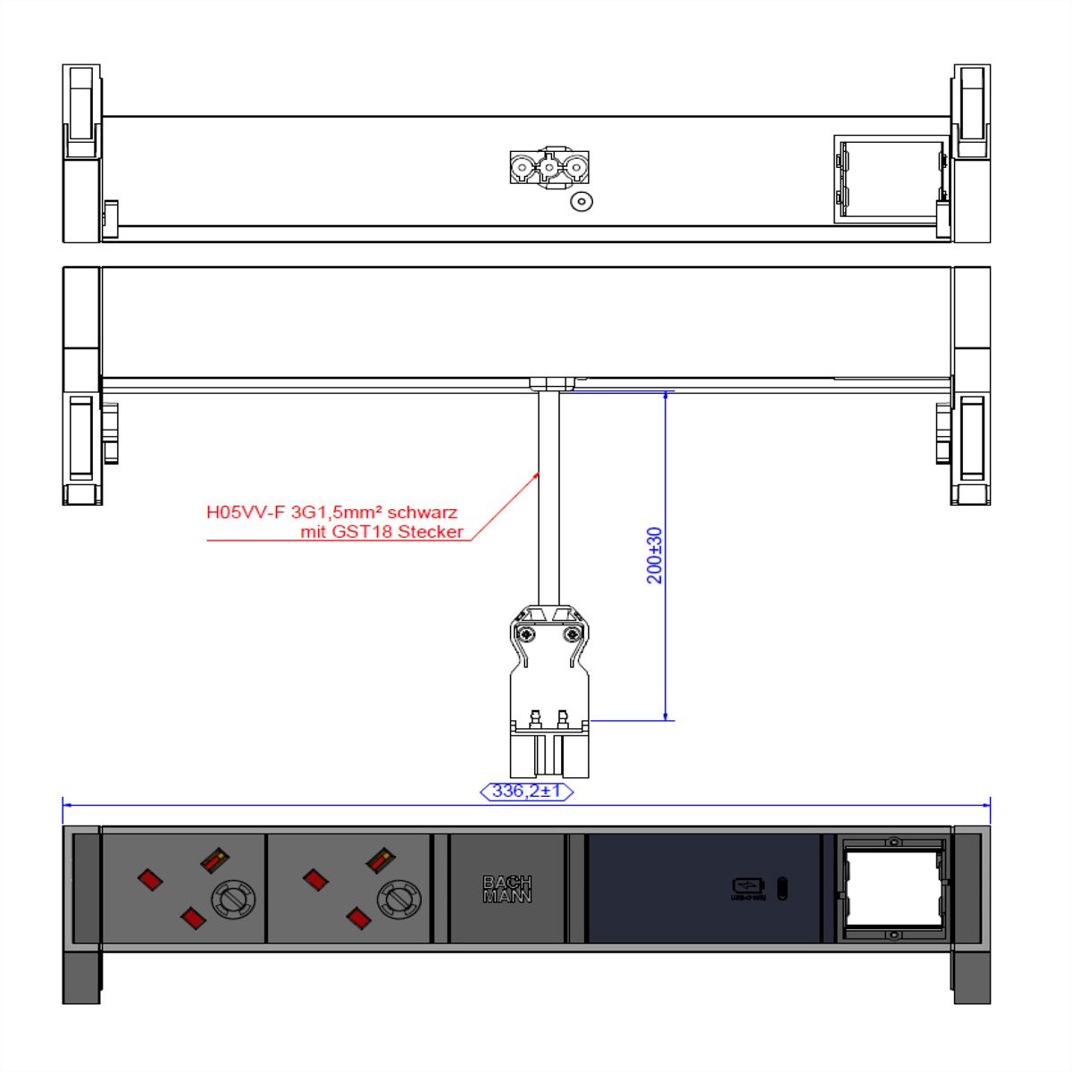 BACHMANN DESK2 2xUK 1xUSB C 60W 1xCM, 0,2m GST18 INOX United Kingdom