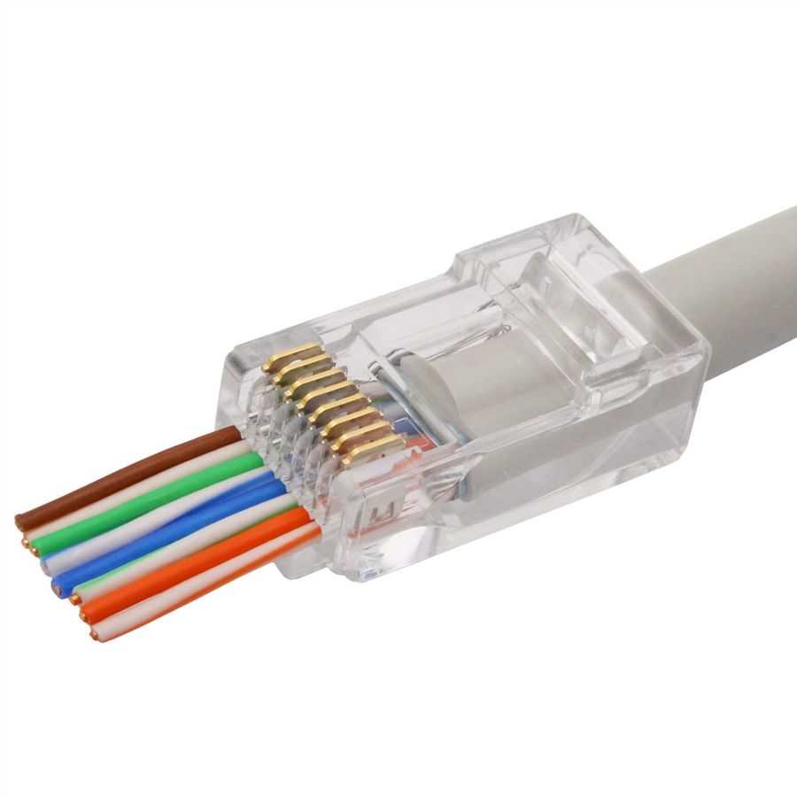 ROLINE RJ45 Stecker, ungeschirmt, Cat.6/6A (Class E/EA), Easy Pass-Through Modularstecker, für Massiv-/Litzendraht, 10 St.