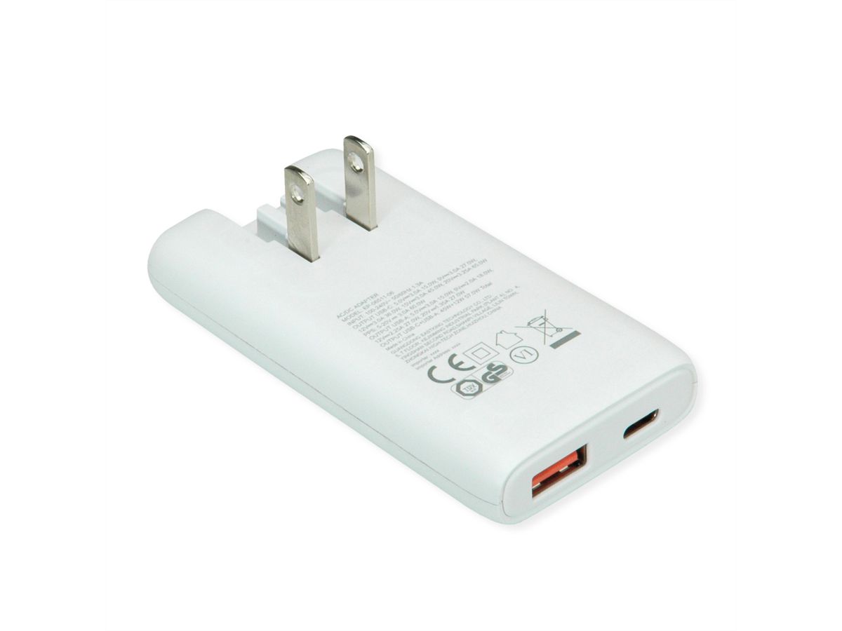 VALUE USB Charger mit Euro-/US-Stecker, 2 Ports Typ A+C, 65W