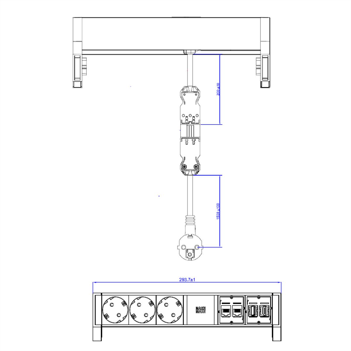 BACHMANN DESK2 3x Schutzkontakt, 2x CAT6, 1x HDMI, 1x USB 3.0, Zuleitung GST18 0,2m, INOX