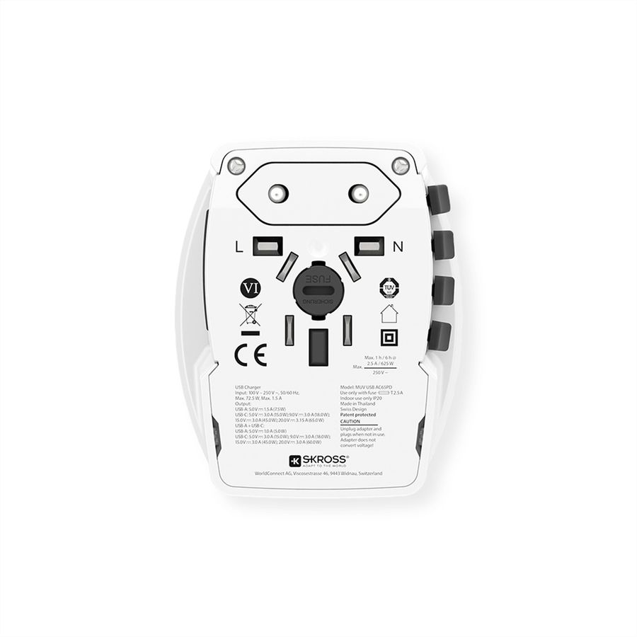 Skross MUV USB A/C 65PD Reiseadapter mit USB-C Kabel, Weltweit