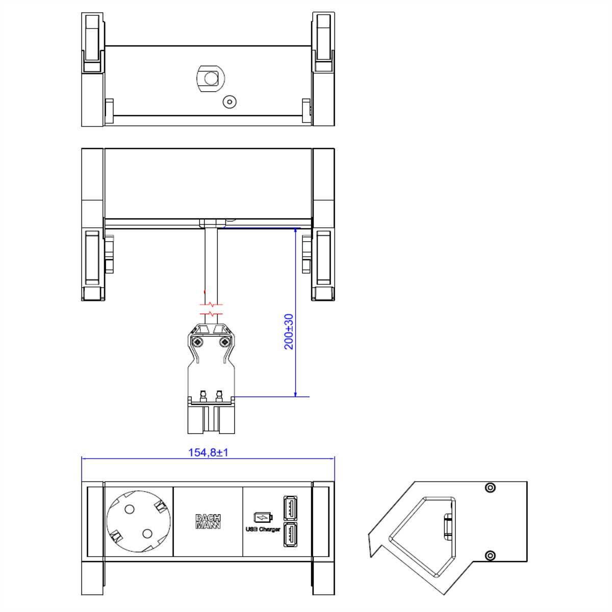 BACHMANN DESK2 ALU BLACK 1x Schutzkontakt 1x USB-Charger GST18