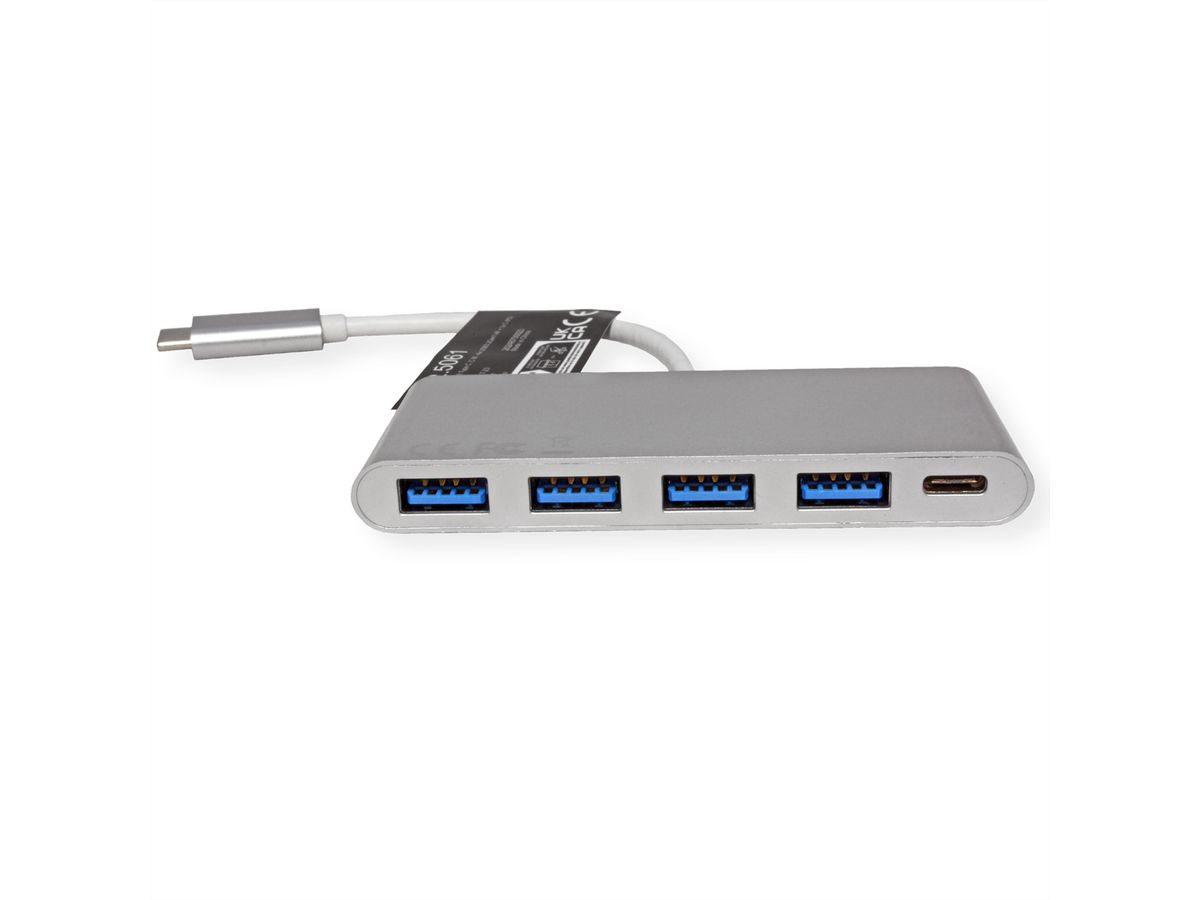 ROLINE USB 3.2 Gen 1 Hub, 4fach, Typ C Anschlusskabel, mit 1 PD-Port