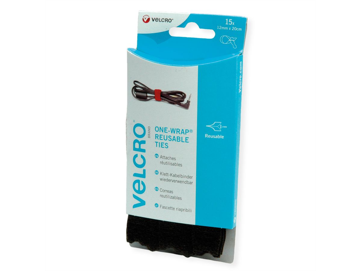 VELCRO® ONE-WRAP® Wiederverwendbare Klettstreifen, ONE-WRAP® Streifen 12mm x 20cm x 15 Schwarz