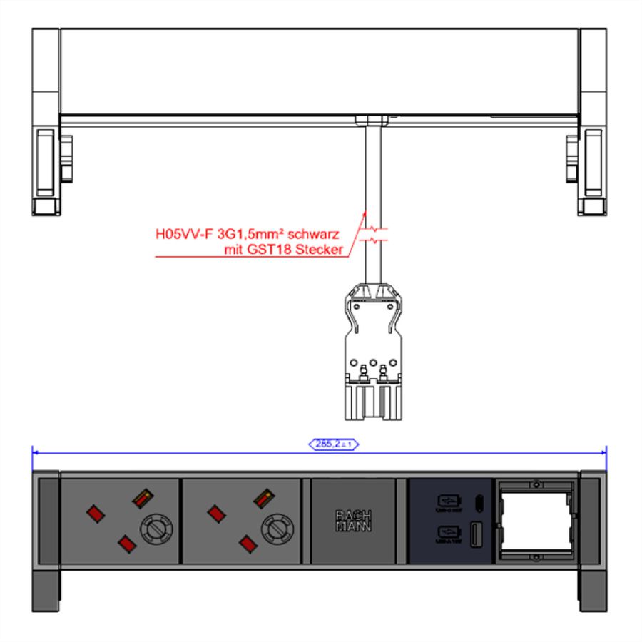 BACHMANN DESK2 2xUK 1xUSB A/C 22W 1xCM, 0,2m GST18 RAL9010 United Kingdom