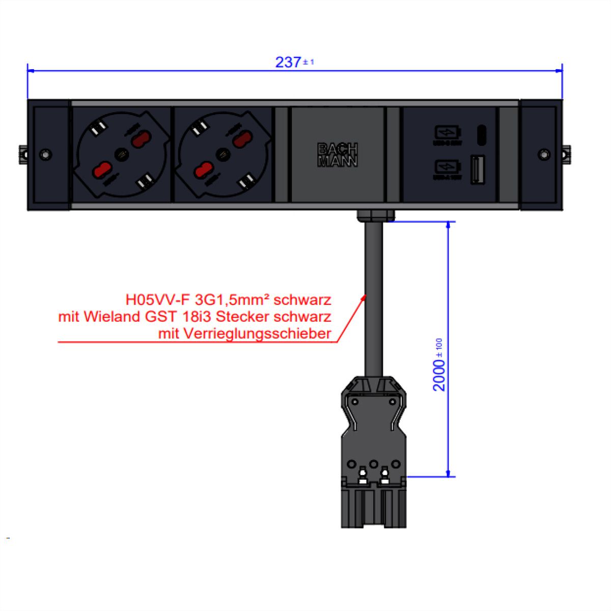 BACHMANN DESK RAIL 2xP40 1xUSB A&C, 2,0m GST18 Italia