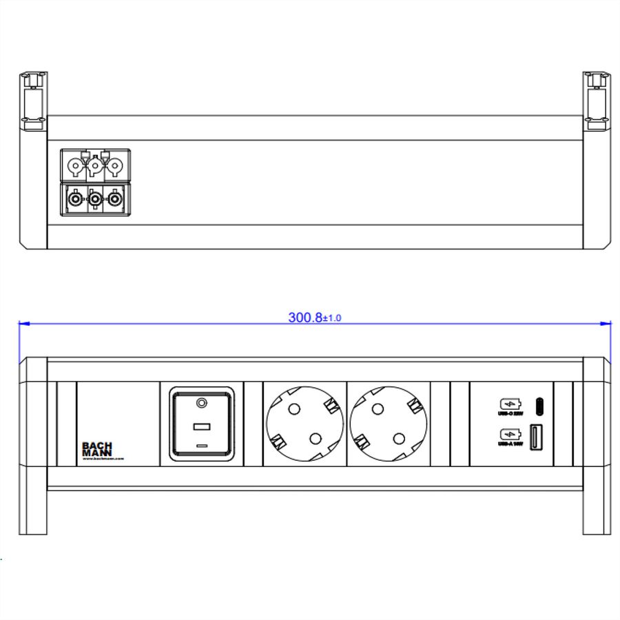 BACHMANN DESK 2xCEE7/3 1xSchalter 1xUSB A/C 22W GST18 RAL9010