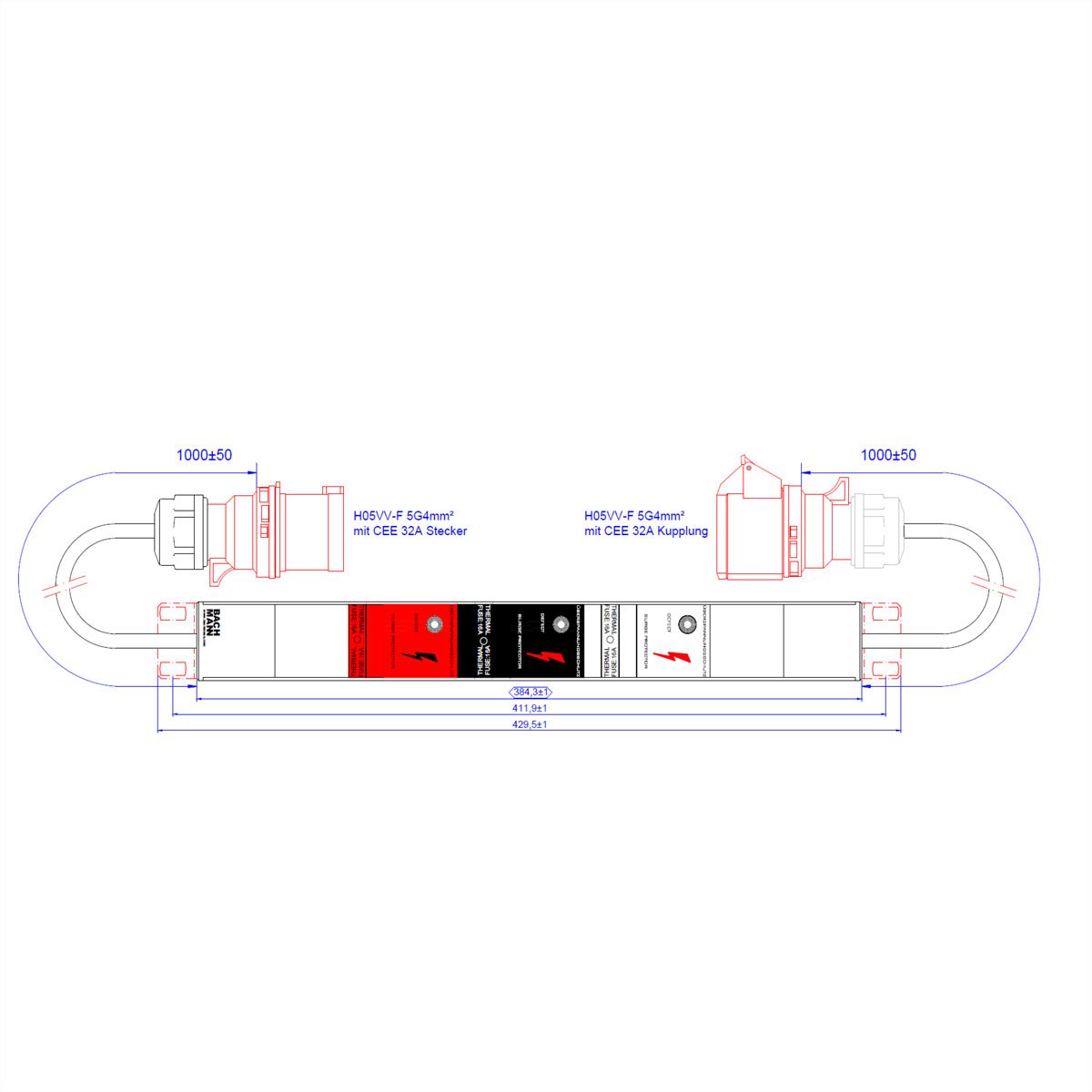BACHMANN ALU 1HE VM 3xSPD ohne LED, grün 2x1m H05VV-F 5G4,0mm CEE 32A