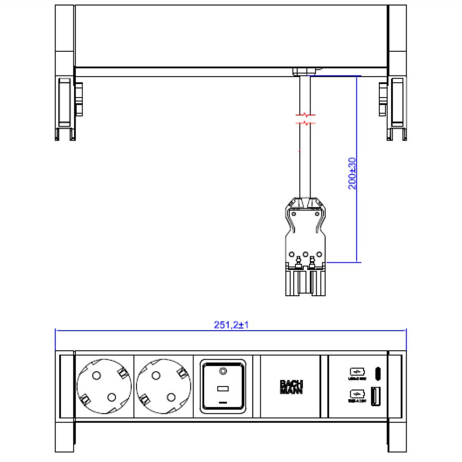BACHMANN DESK2 ALU WHITE 2xCEE7/3 1xSchalter 1xUSB A/C 22W 0,2m