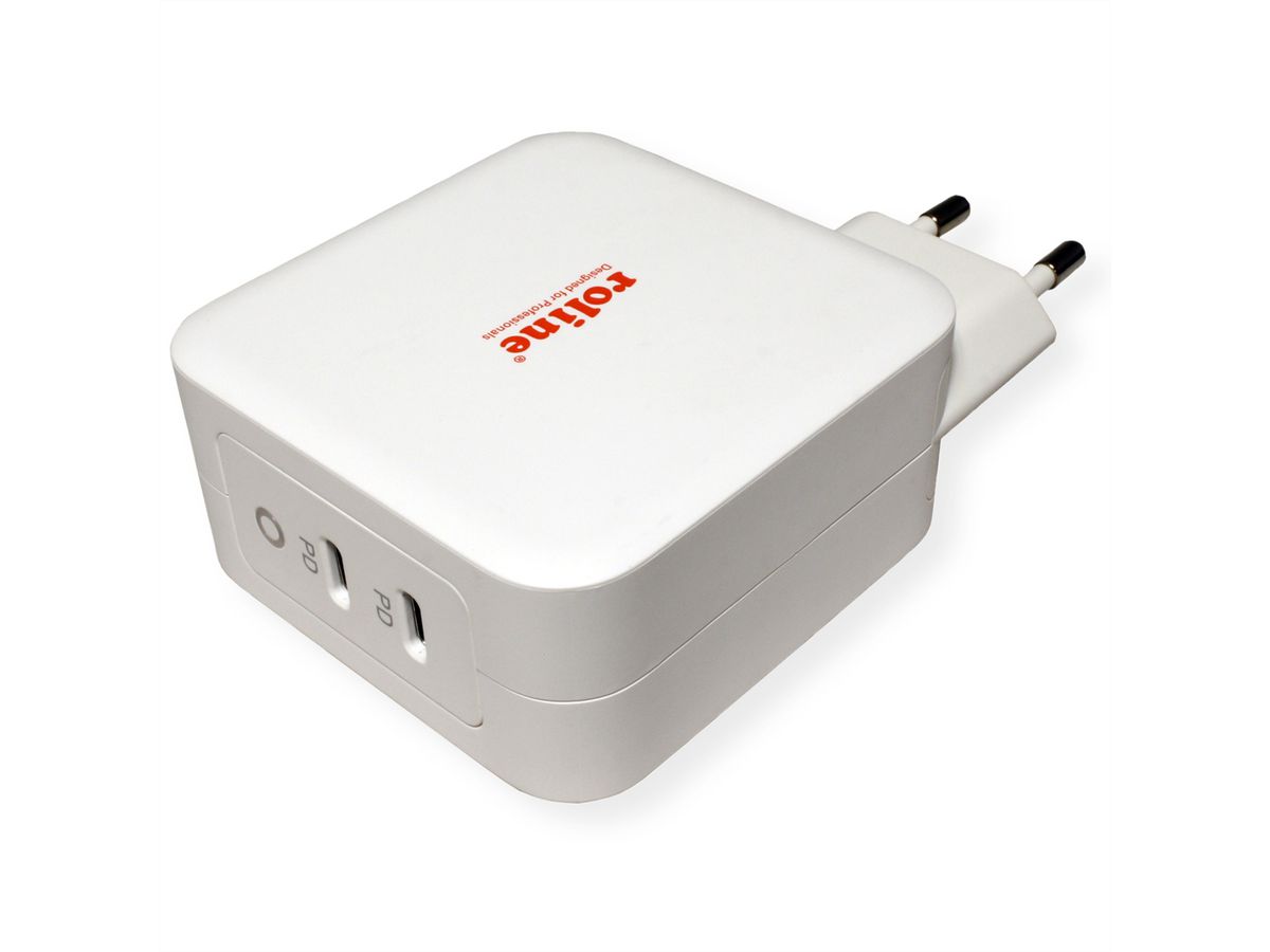 ROLINE USB Charger mit Euro-Stecker, 2 Port Typ-C (PD), GaN, 100W