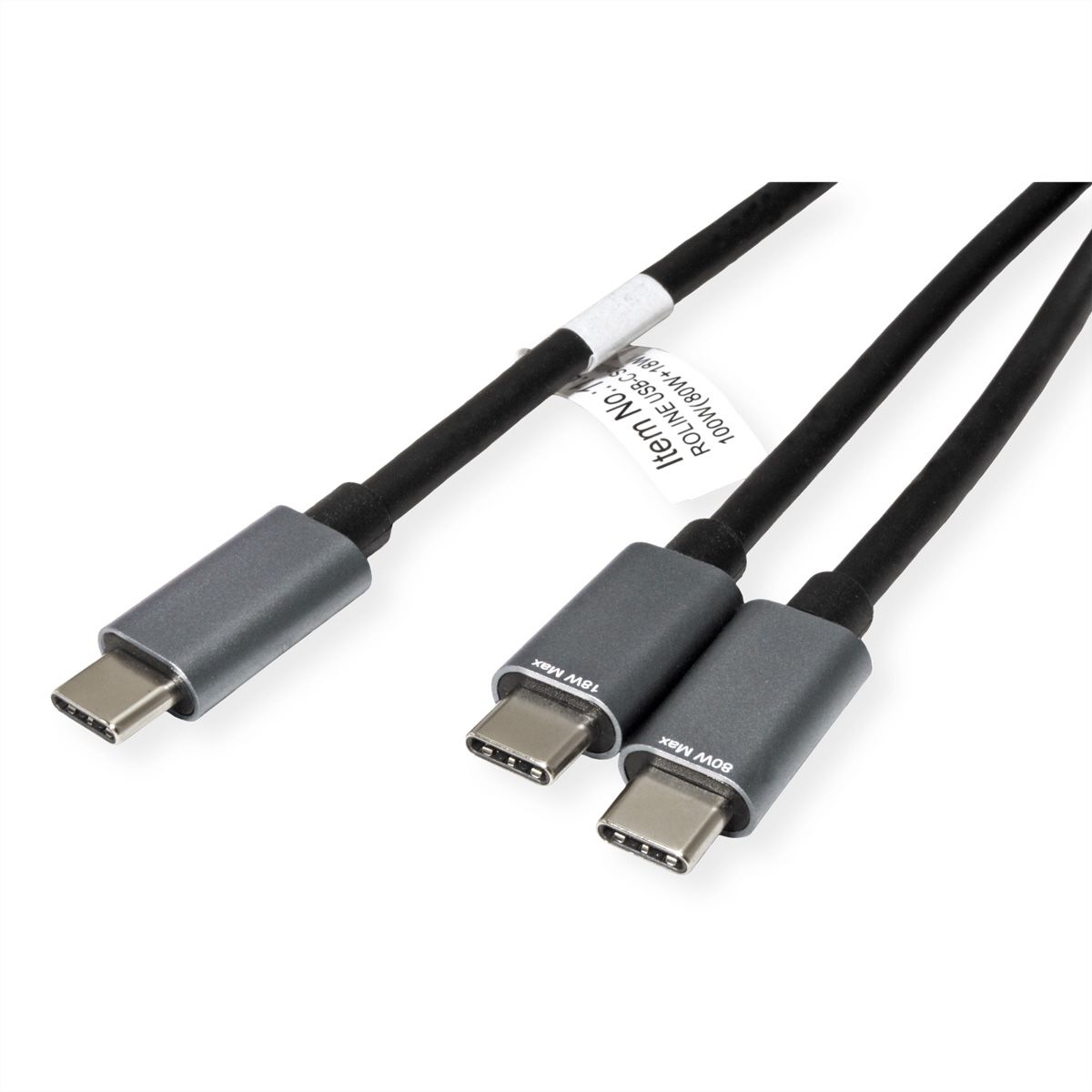 ROLINE USB Typ C Split-Ladekabel, USB-C - 2x USB-C, ST/ST, max. 100W, schwarz, 1,85 m