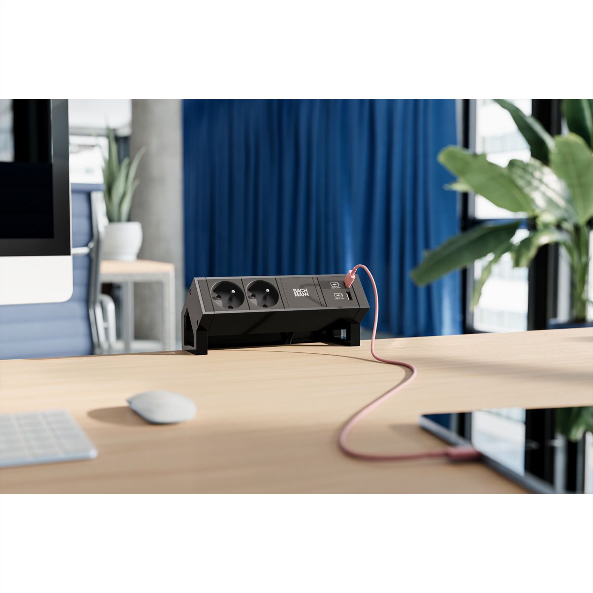 BACHMANN DESK2 2xUTE 1xUSB A/C 22W, GST18 RAL9005, schwarz, 0,2 m