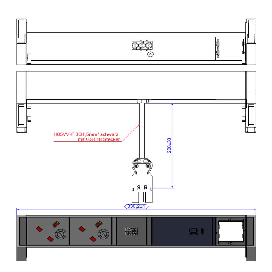 BACHMANN DESK2 ALU BLACK 2xUK 1xCM, 1xUSBC 60W 0,2m GST18 United Kingdom