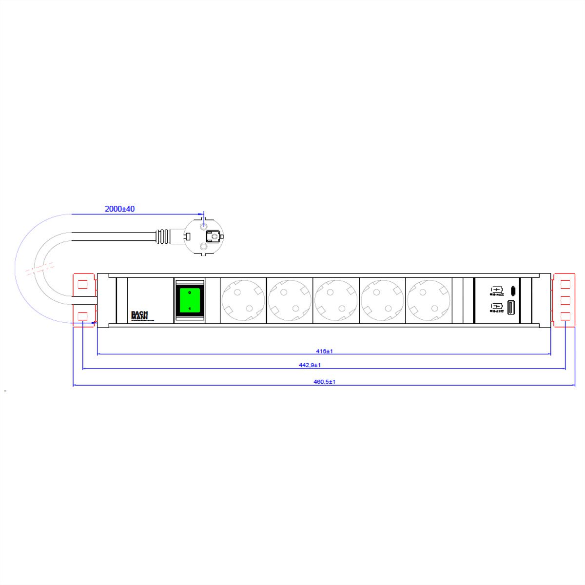 BACHMANN CONNECT LINE 5xSchutzkontakt, Schalter USB A&C 22W, schwarz
