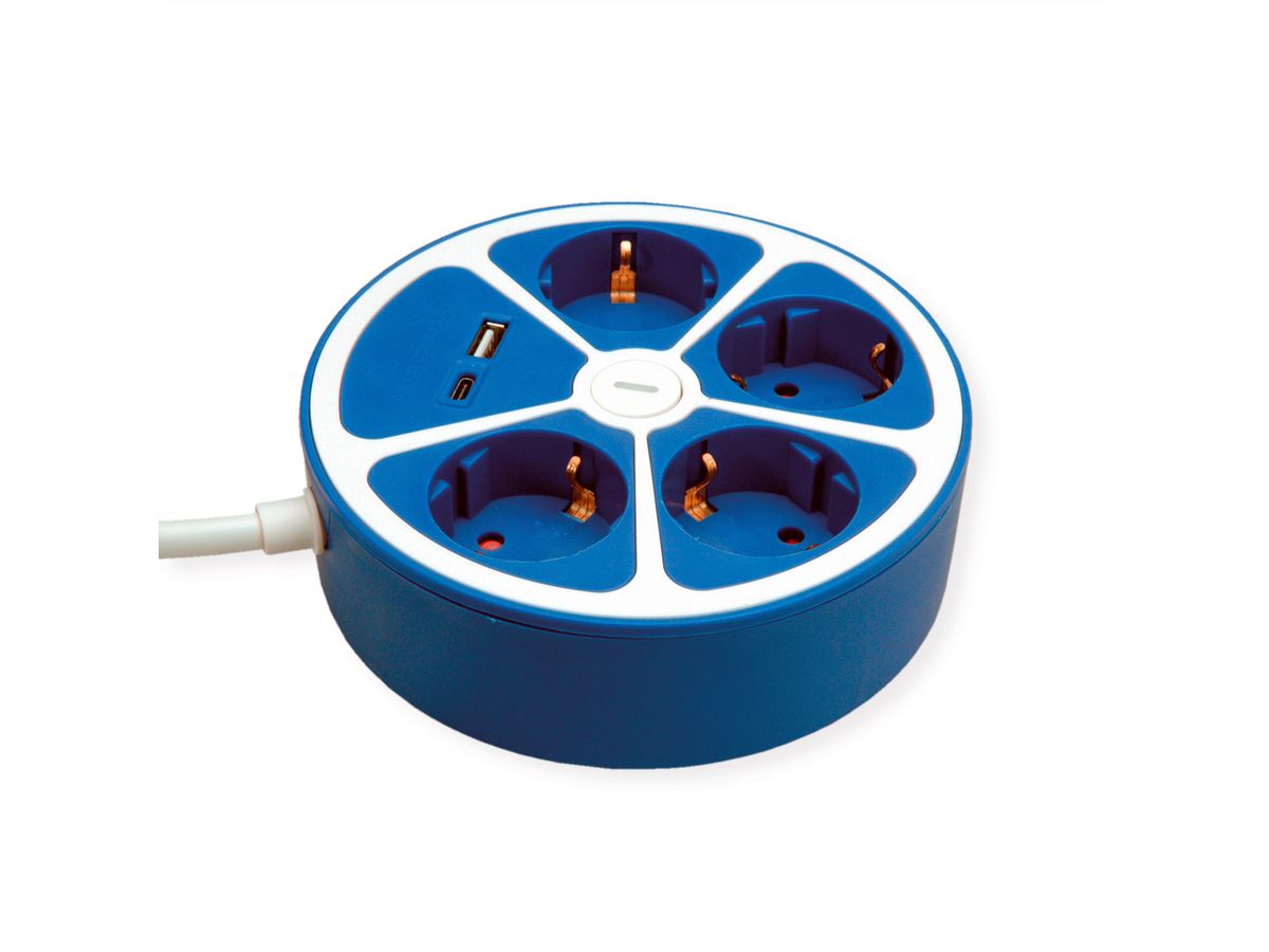 ROLINE 4-fach Steckdosenleiste mit Schalter, rund, USB-Charger A+C, blau, 3 m