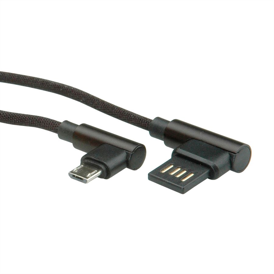 ROLINE USB 2.0 Kabel, gewinkelt, Typ A rev - Micro B, ST/ST, schwarz, 0,8 m