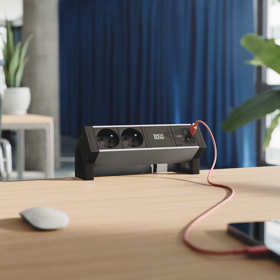BACHMANN DESK2 ALU BLACK 2xUTE, 1xUSB C/C 45W L=0,2m