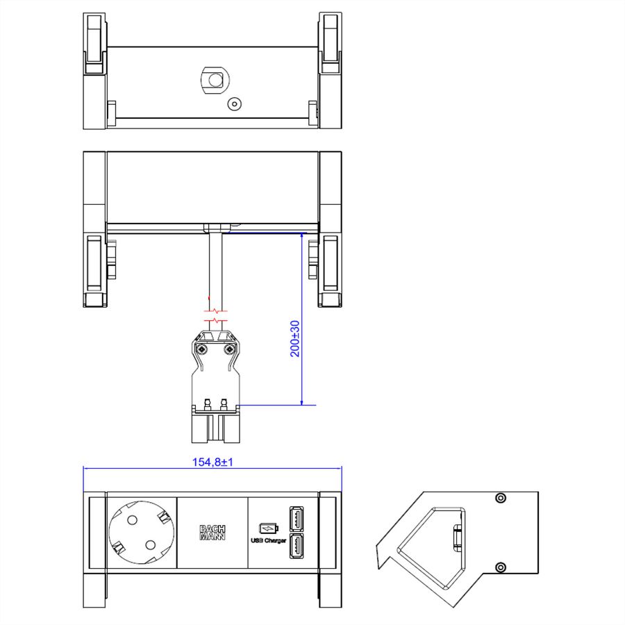 BACHMANN DESK2 ALU BLACK 1x Schutzkontakt 1x USB-Charger GST18
