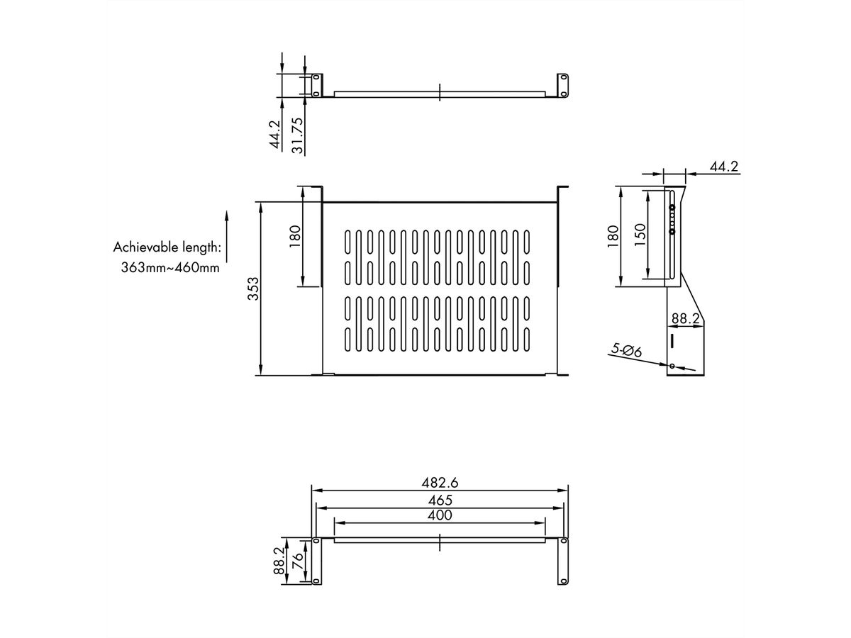 VALUE 19"-Geräteträger 2 HE, T: 350mm, max. 25 kg, U-Form, schwarz