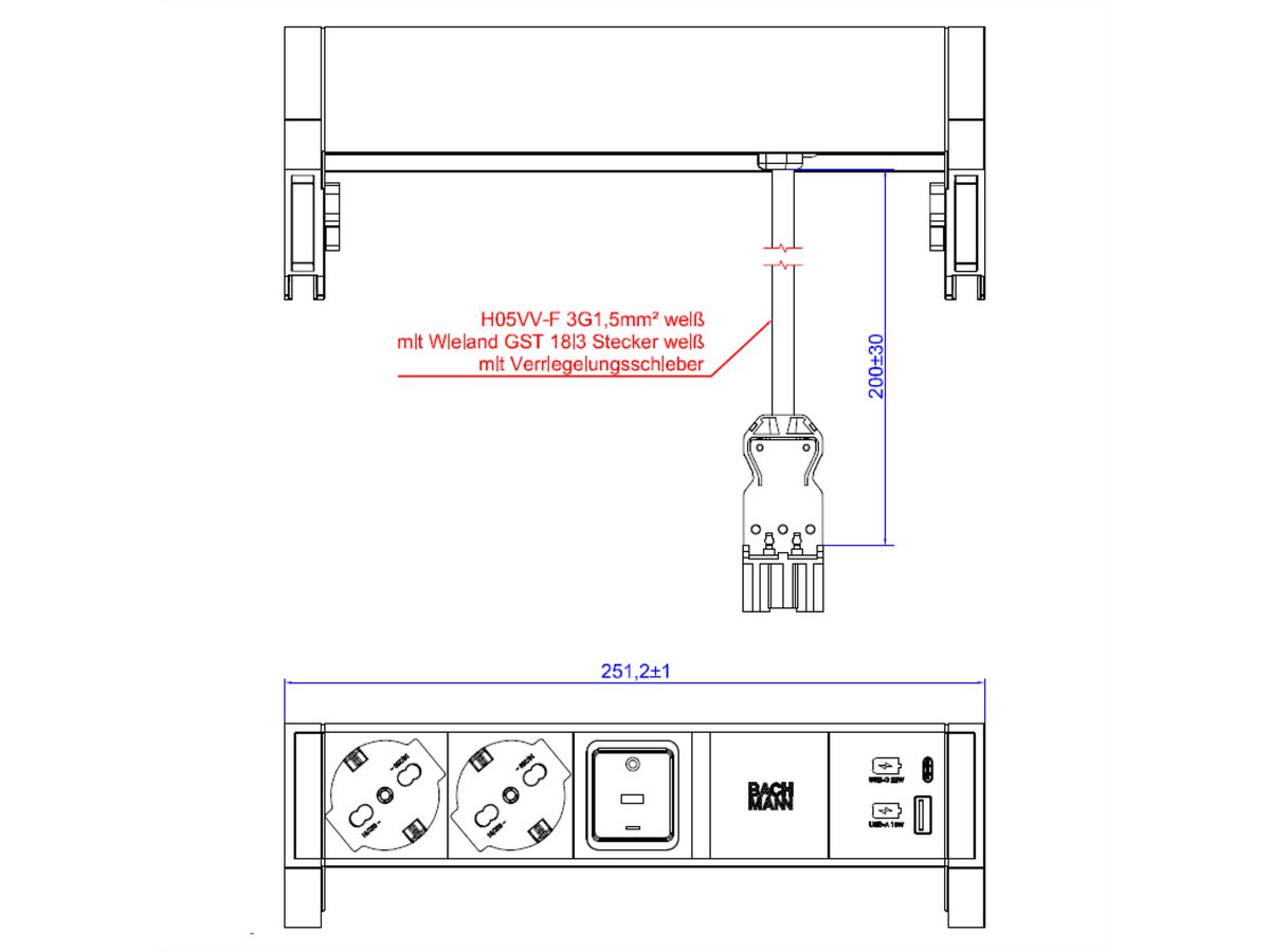 BACHMANN DESK2 white 2xP40 1xSchalter 1xUSB A/C 22W 0,2m GST18, ws