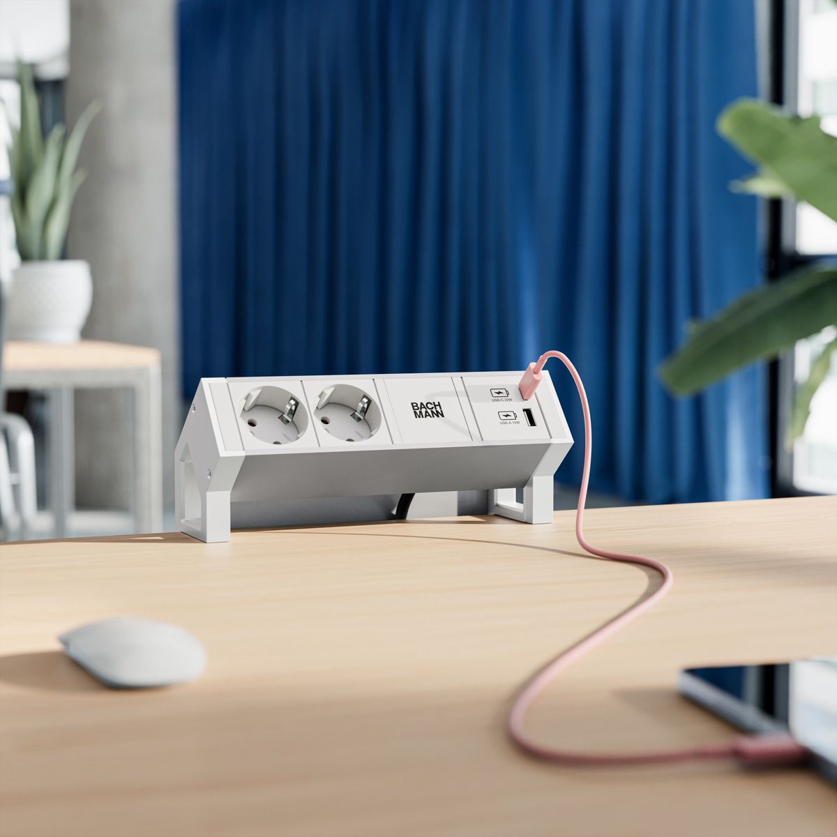 BACHMANN DESK2 ALU WHITE 2xCEE7/3 1xUSB A/C 22W 0,2m GST18