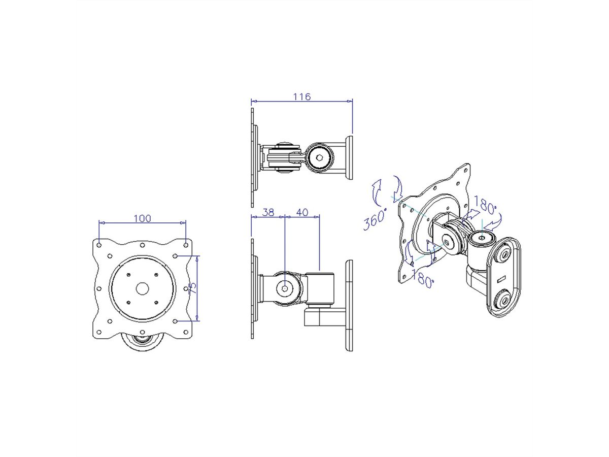 ROLINE LCD-Wandhalterung, 3 Gelenke, bis 10 kg, schwarz