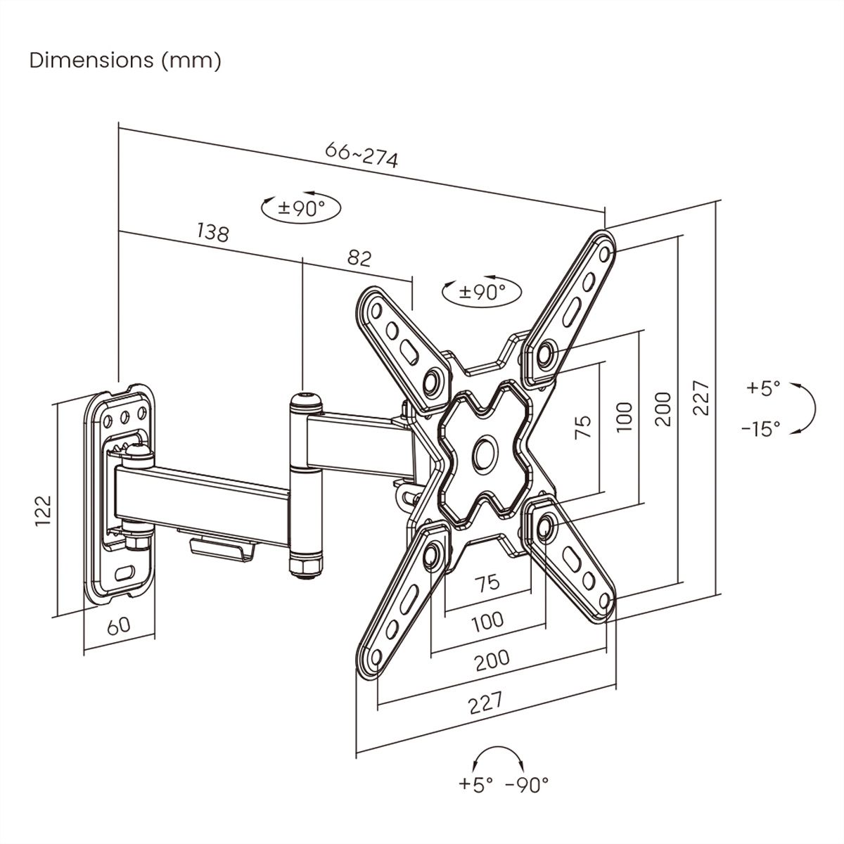 VALUE TV-Wandhalterung, 3 Drehpunkte, 13-43 Zoll, bis 20 kg