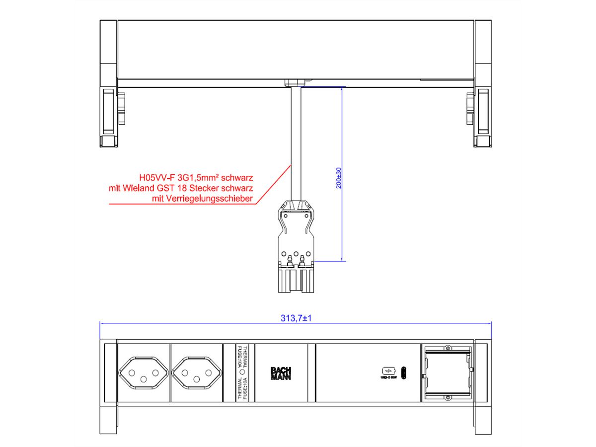 BACHMANN DESK2 ALU BLACK 2xCH T13 1xCM, 1xUSBC 60W 0,2m GST18 Schweiz