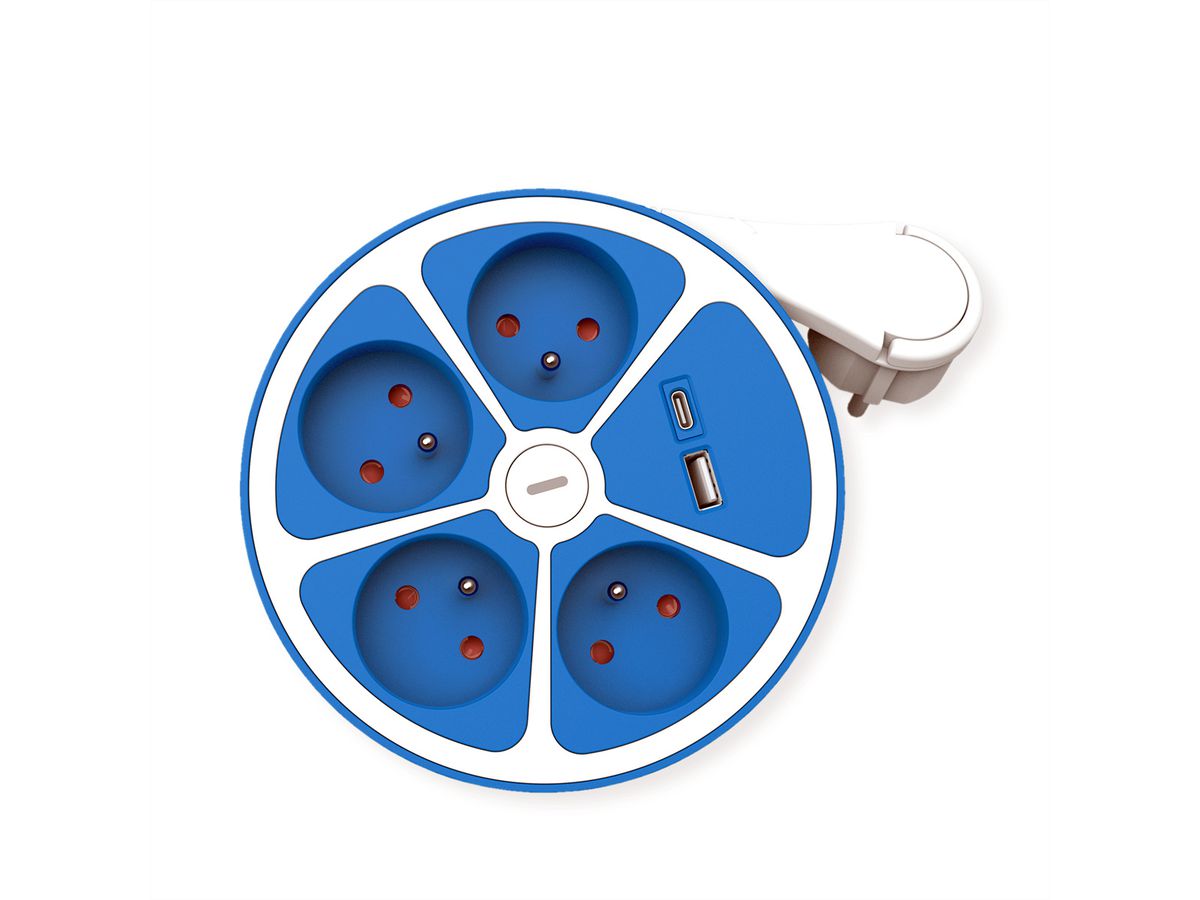 ROLINE 4-fach Steckdosenleiste mit Schalter, rund, UTE Version, USB-Charger A+C, blau, 1,5 m