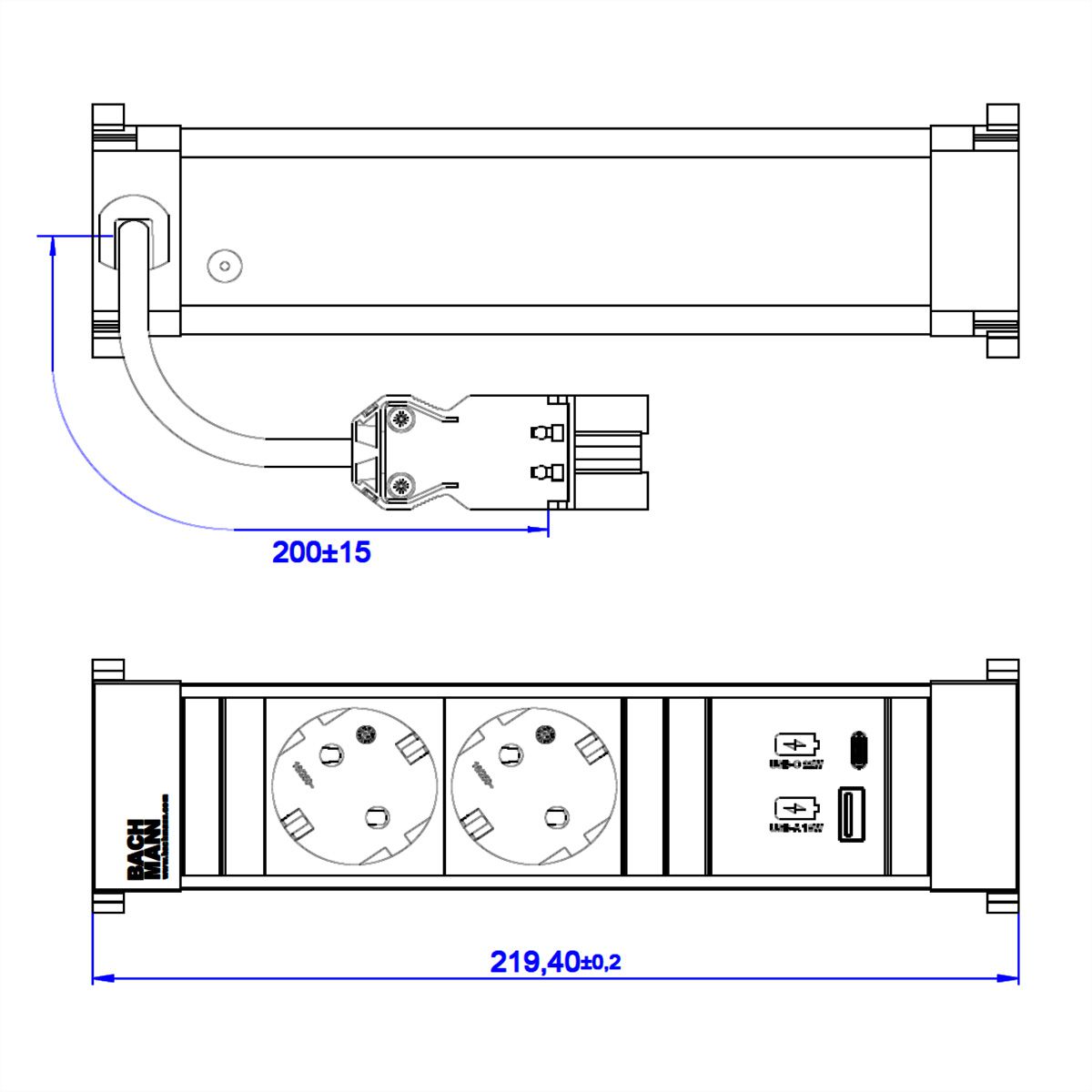 BACHMANN POWER FRAME 2xSchutzkt. USB A&C, USB Charger 22W 0,2m GST18