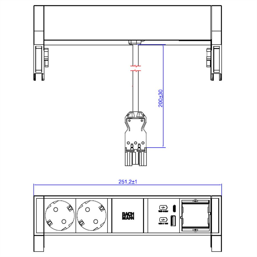 BACHMANN DESK2 ALU WHITE 2xCEE7/3 1xCM 1xUSB A/C 22W 0,2m GST18