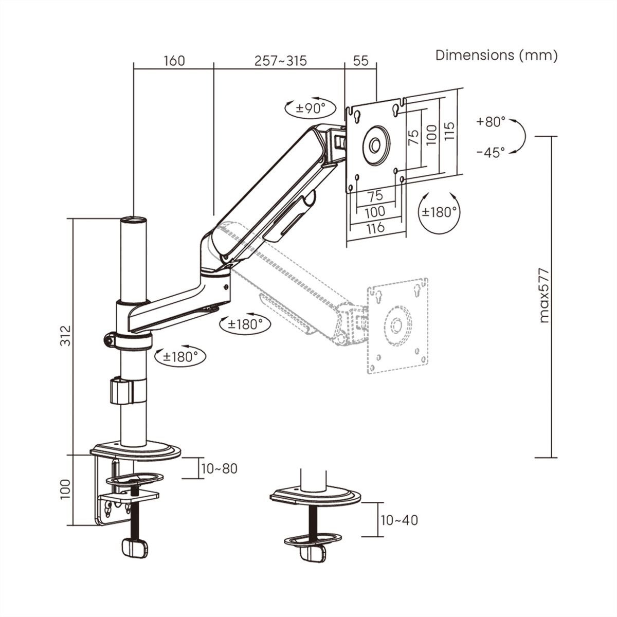 STANDARD Monitorarm zur Mastbefestigung, Mechanische Feder, 17–32 Zoll, max. 10 kg, schwarz