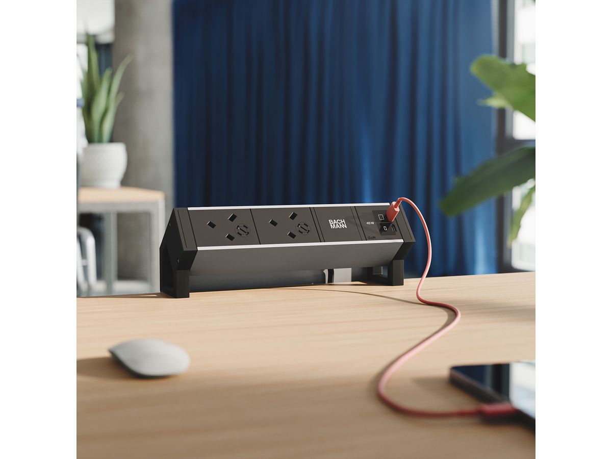 BACHMANN DESK2 ALU BLACK 2xUK, 1xUSB C/C 45W L=0,2m