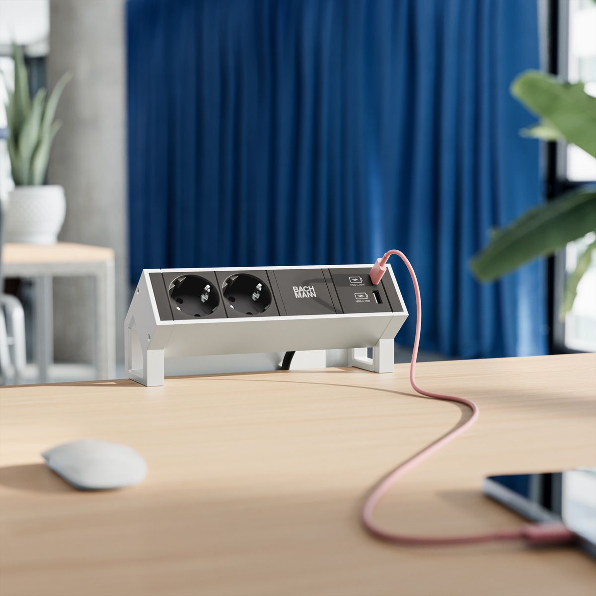 BACHMANN DESK2 2xSchutzkontakt USB A&C, USB Charger 22W 0,2m GST18 INOX