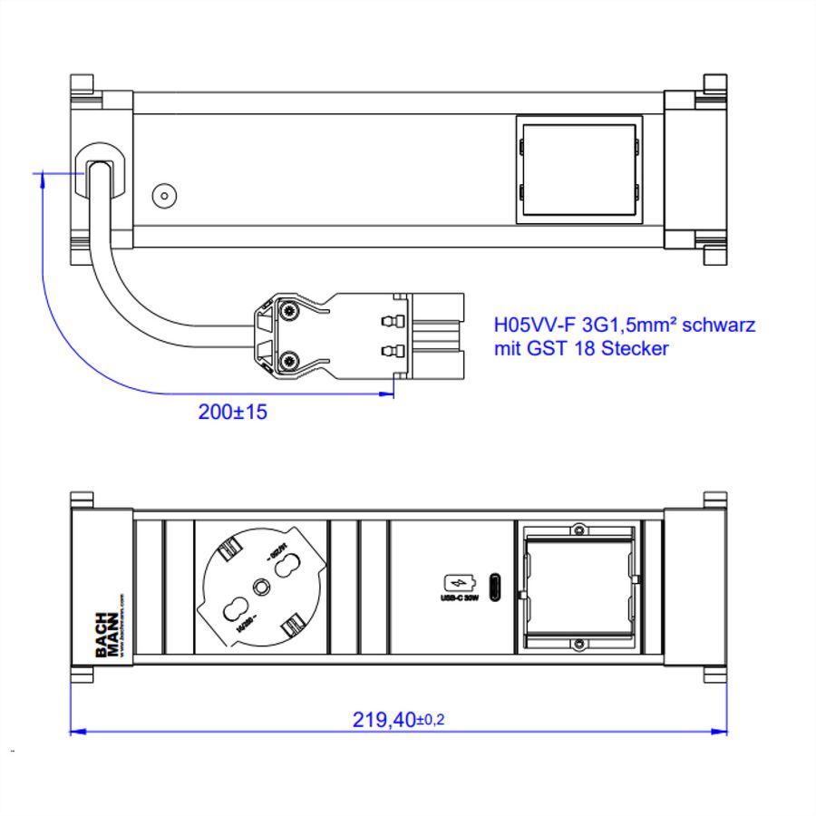 BACHMANN POWER FRAME S 1xP40 1xUSB C 30W, 1xCM 0,2m GST18 Italia