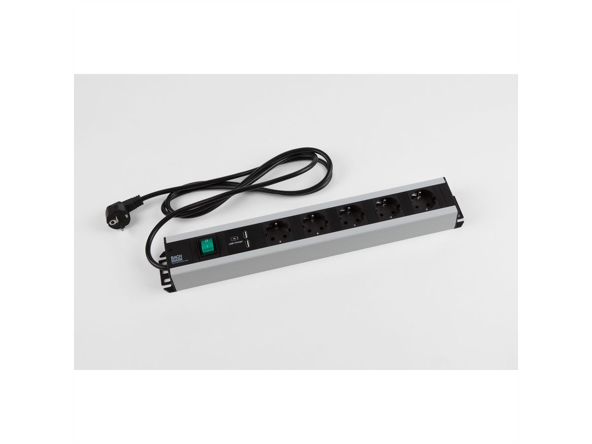 BACHMANN Handwerkerleiste, 5x Schutzkontakt, Schalter, 2x USB-Charger, 19-Zoll-Rack kompatibel, 2 m
