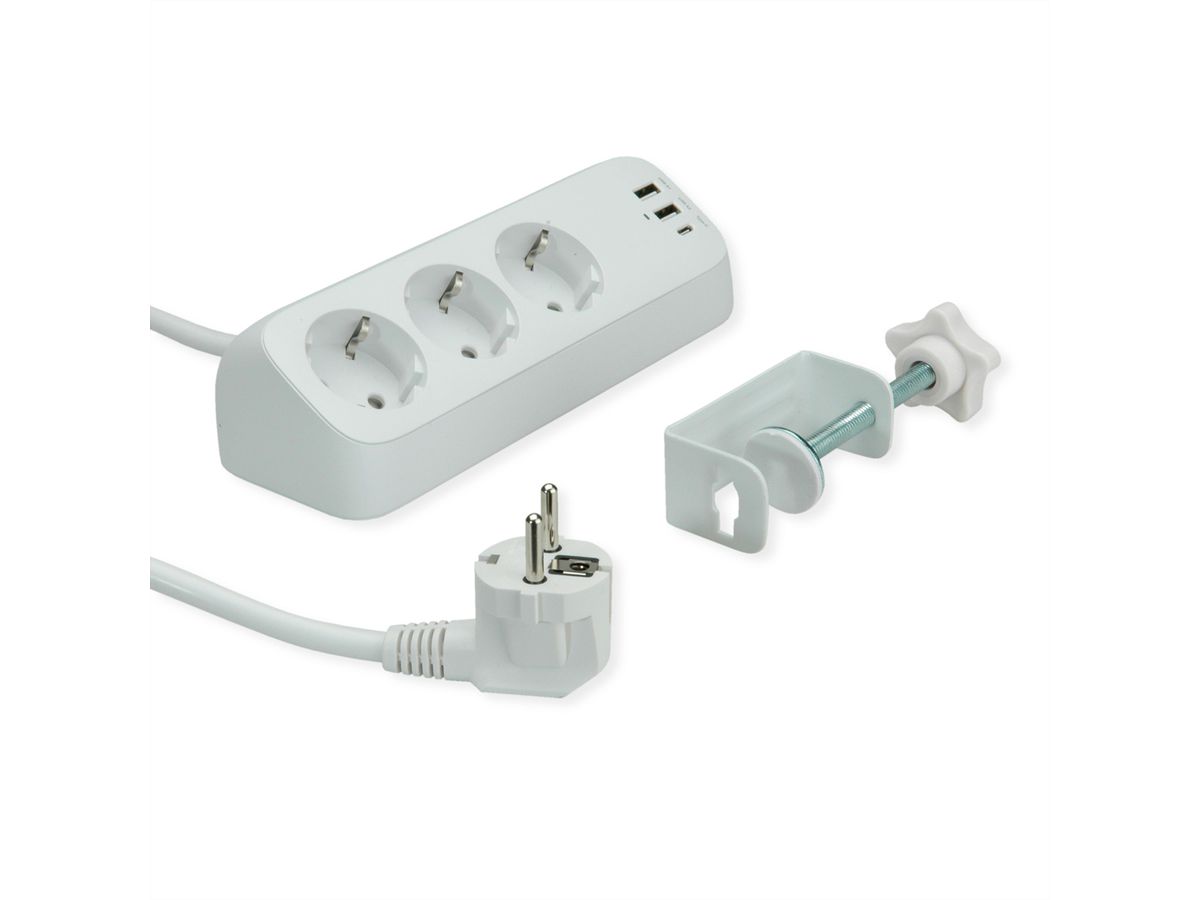 VALUE Tisch-Steckdosenleiste, 3fach mit Tisch-Klemme, inkl. USB-Charger (2x USB-A, 1x USB-C), 1,5 m