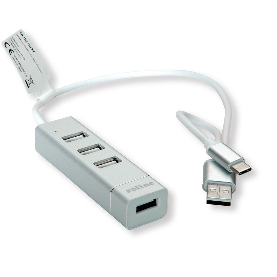 ROLINE USB 2.0 Notebook Hub, 4 Ports, Typ A+C Anschlusskabel