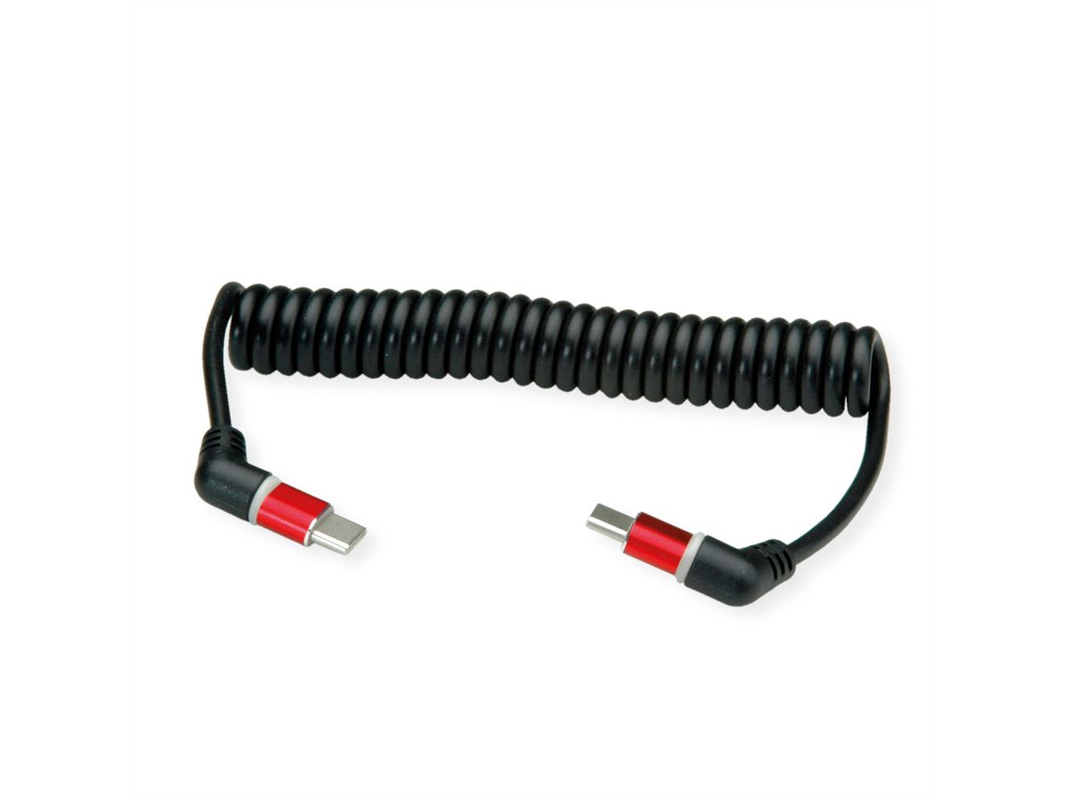 ROLINE USB 2.0 Kabel, Typ C - C, ST/ST, 360° Rotation, 60W, Spiralkabel, schwarz / rot, 1,5 m