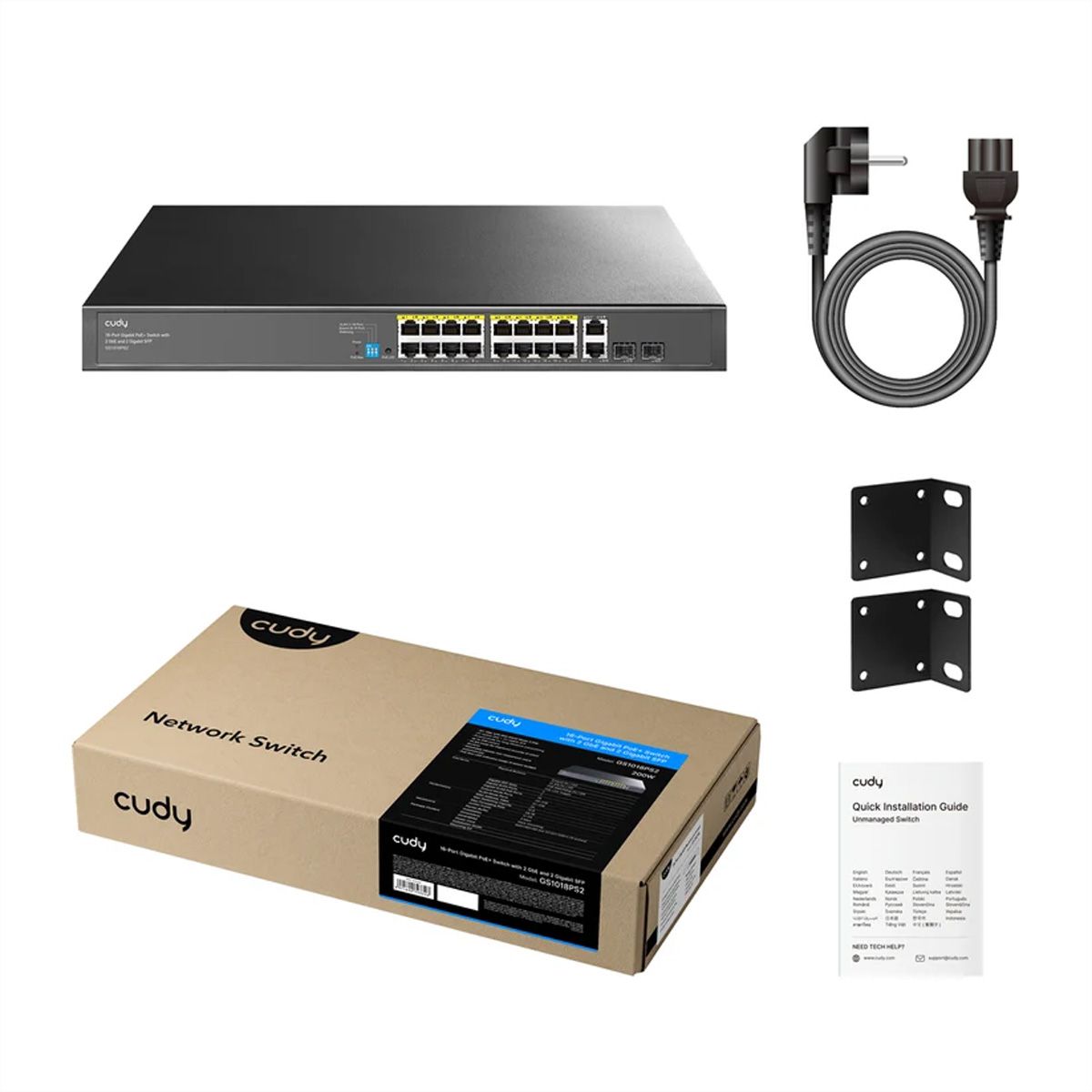 CUDY GS1018PS2 16-Port Gigabit Switch PoE+, 2x RJ45 Uplink, 2x SFP, 200W