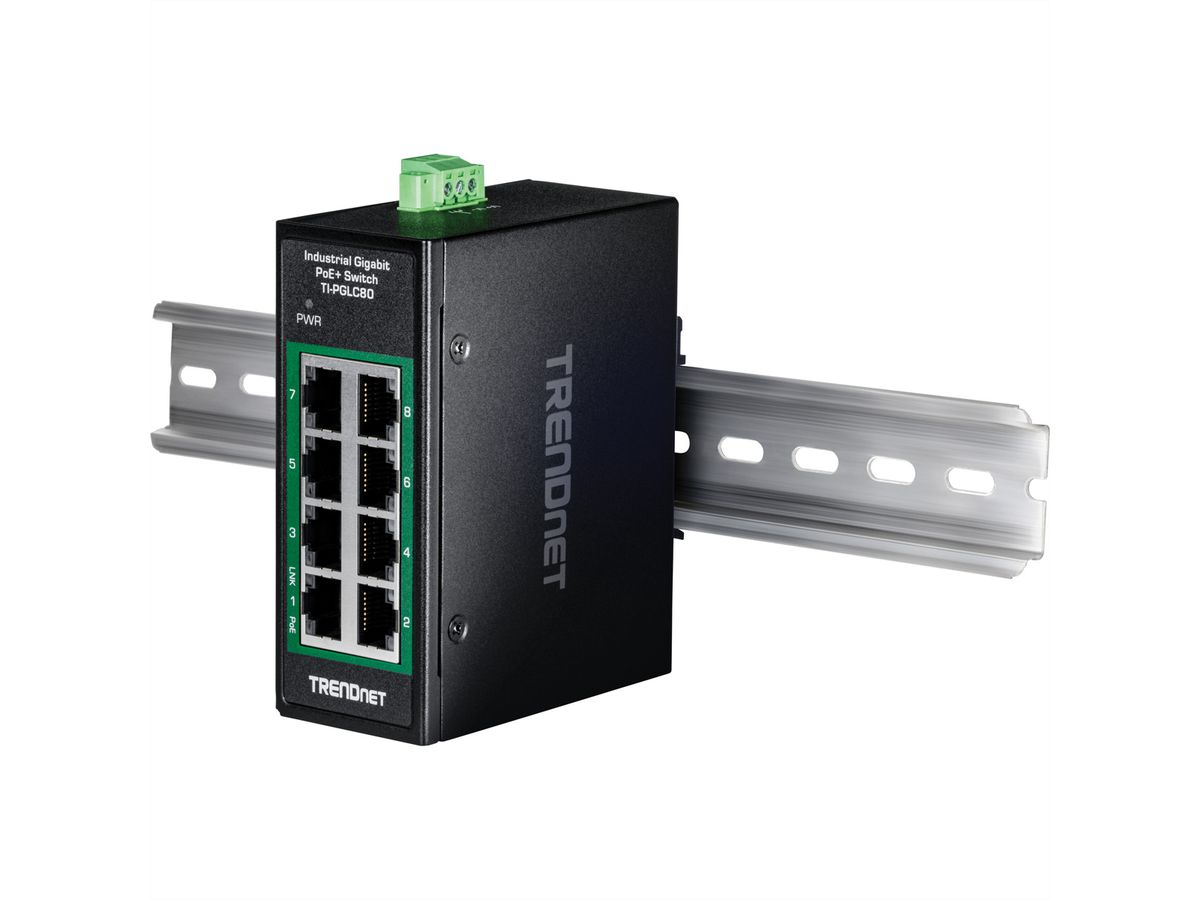 TRENDnet TI-PGLC80 8-Port Gigabit PoE+ Industrial DIN-Rail Mini Switch