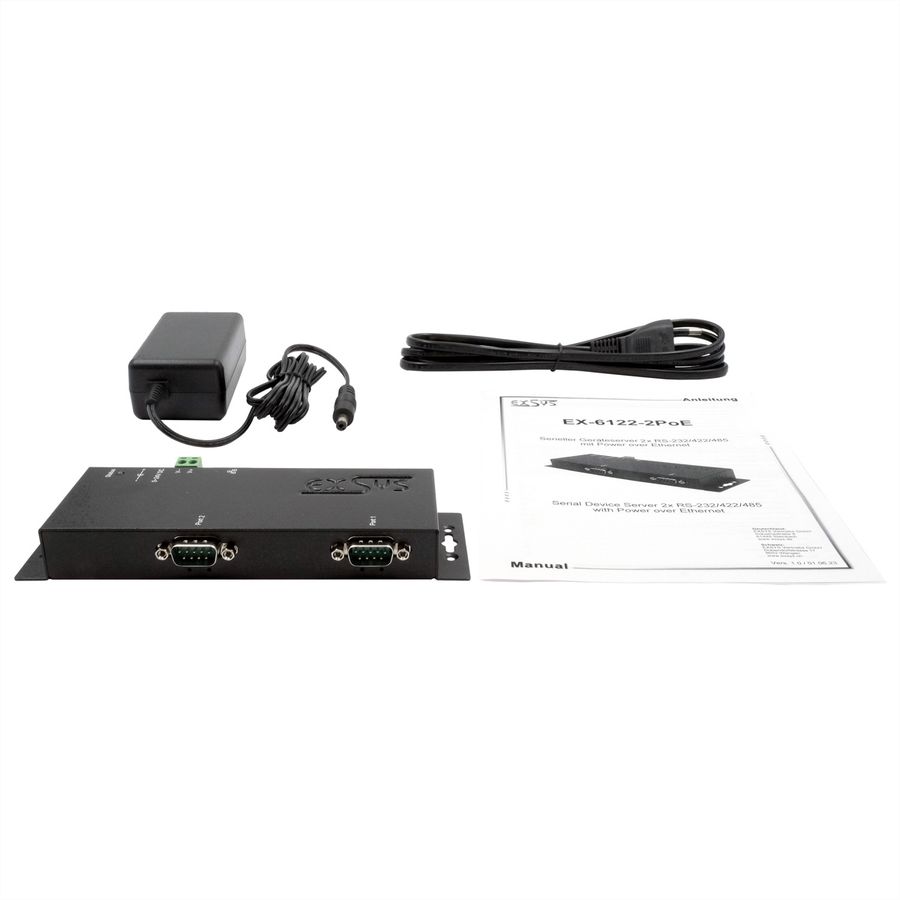 EXSYS EX-6122-2PoE Ethernet zu Seriell  2 x RS-232/422/485  mit 9 Pin Stecker inkl. Virtual Com Software PoE