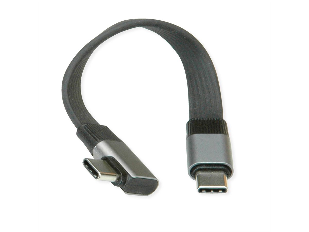 ROLINE USB4 2.0 Flachkabel, C–C, ST/ST einseitig 90°-gewinkelt, 8K UHD-2, 80Gbit/s, 240W, schwarz, 0,13 m
