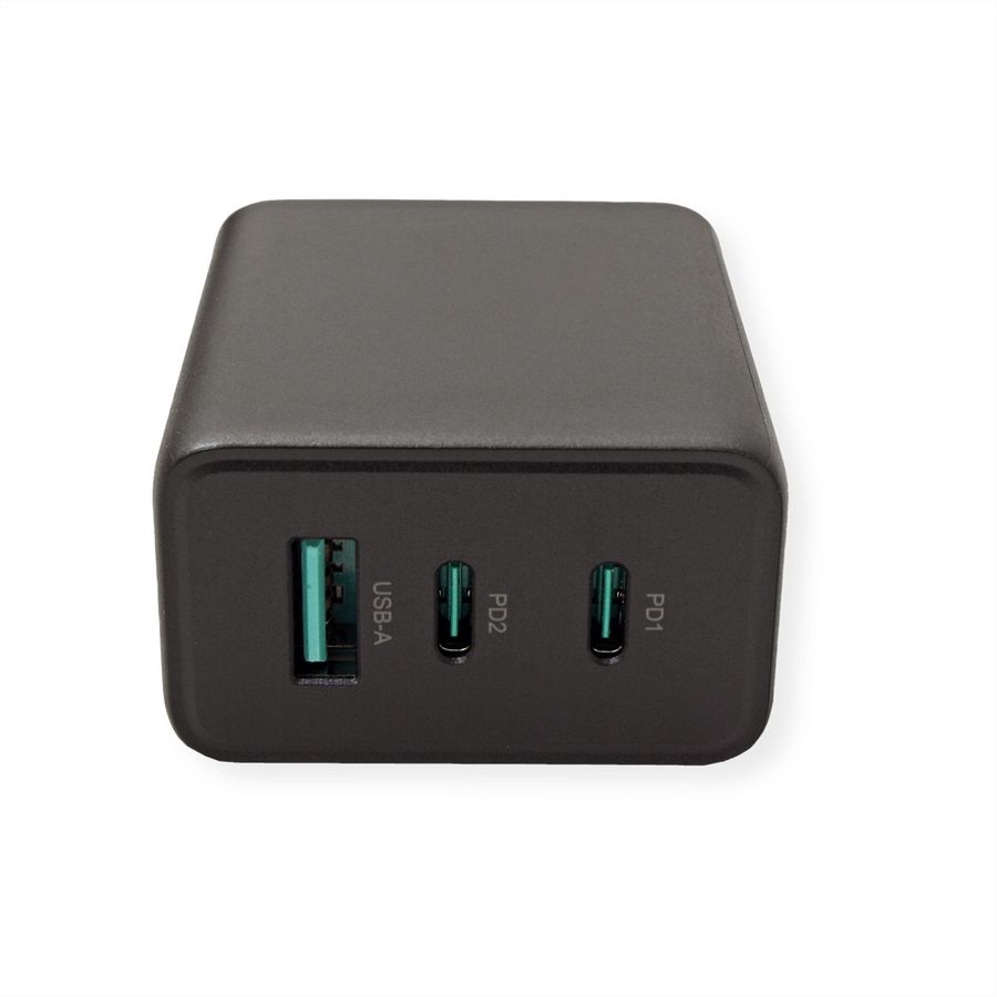 VALUE USB Charger mit Euro-Stecker, 3-Port (Typ-A, 2x Typ-C), 65W, GaN