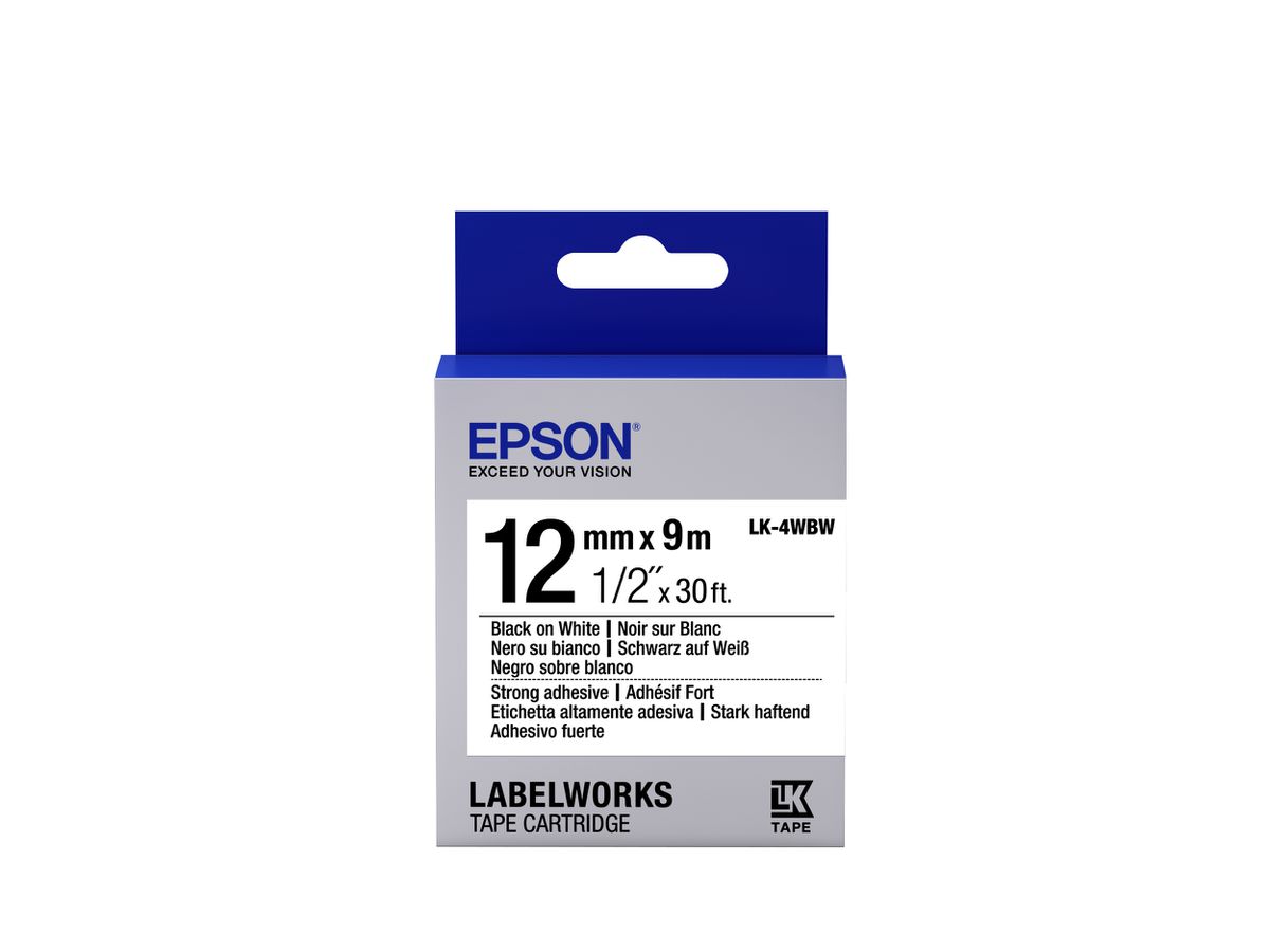 Epson Etikettenkassette LK-4WBW - Stark haftend - schwarz auf weiß - 12mmx9m Etiketten erstellendes Band