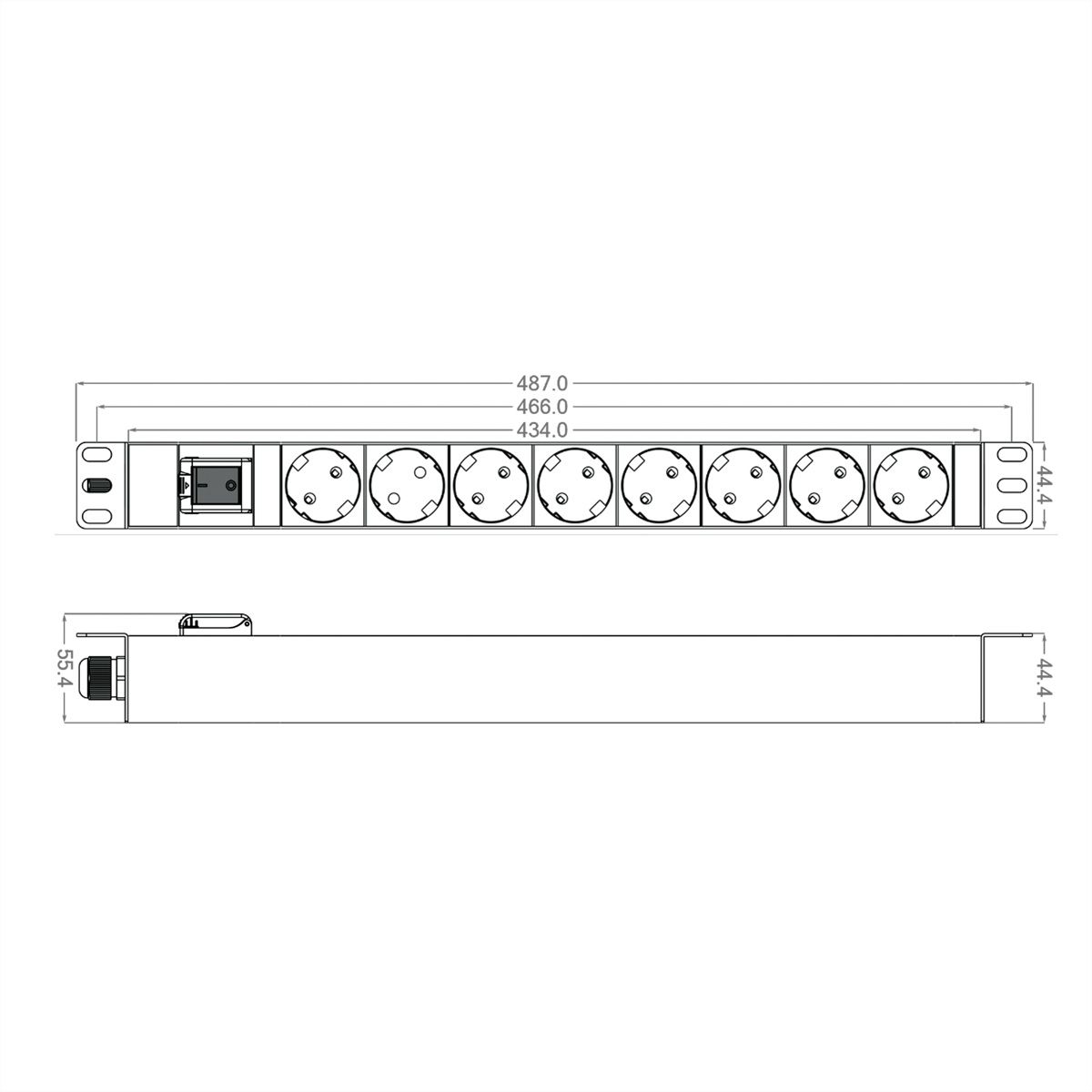 ROLINE 19-Zoll-Steckdosenleiste 8fach, mit Ein-/Aus-Schalter, schwarz, 2 m
