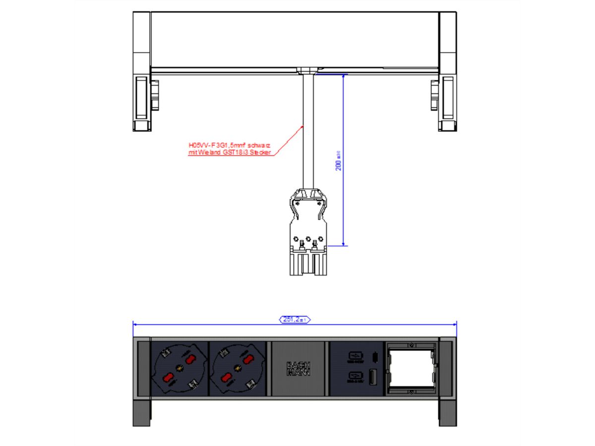 BACHMANN DESK2 ALU BLACK 2xP40 1xCM, 1xUSB A&C 22W 0,2m GST18 Italia