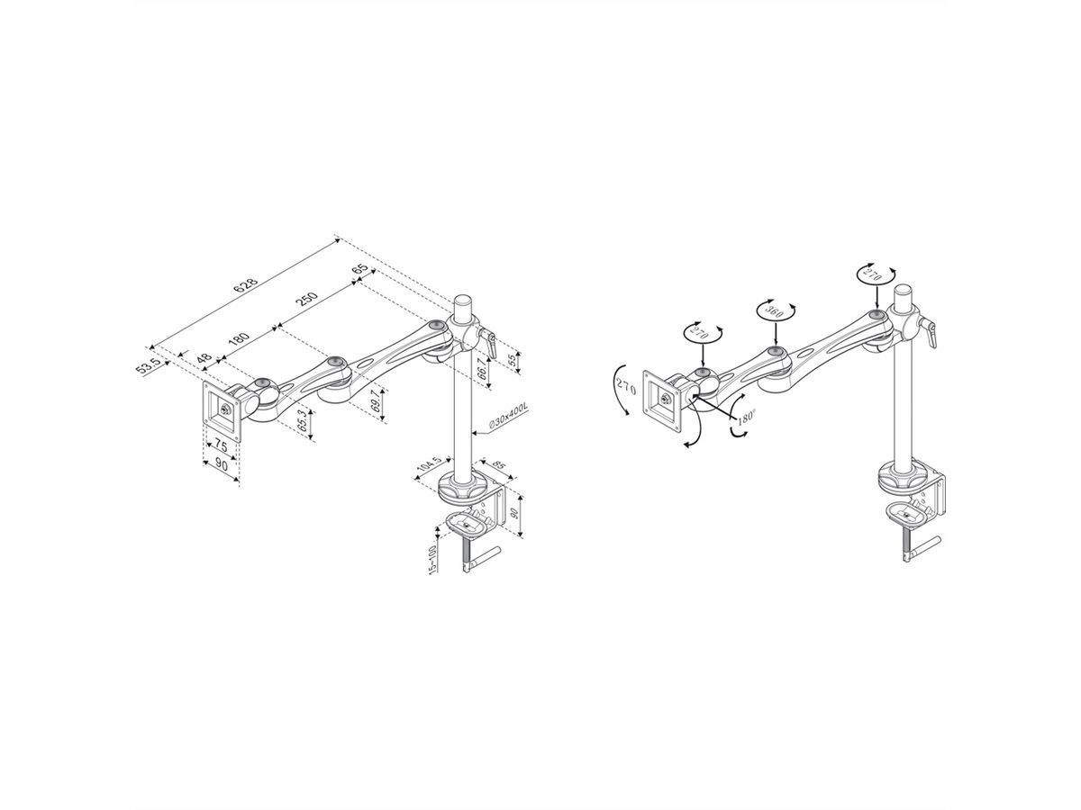 ROLINE LCD-Arm Trägerstange, 4 Gelenke, Tischmontage, bis 10 kg