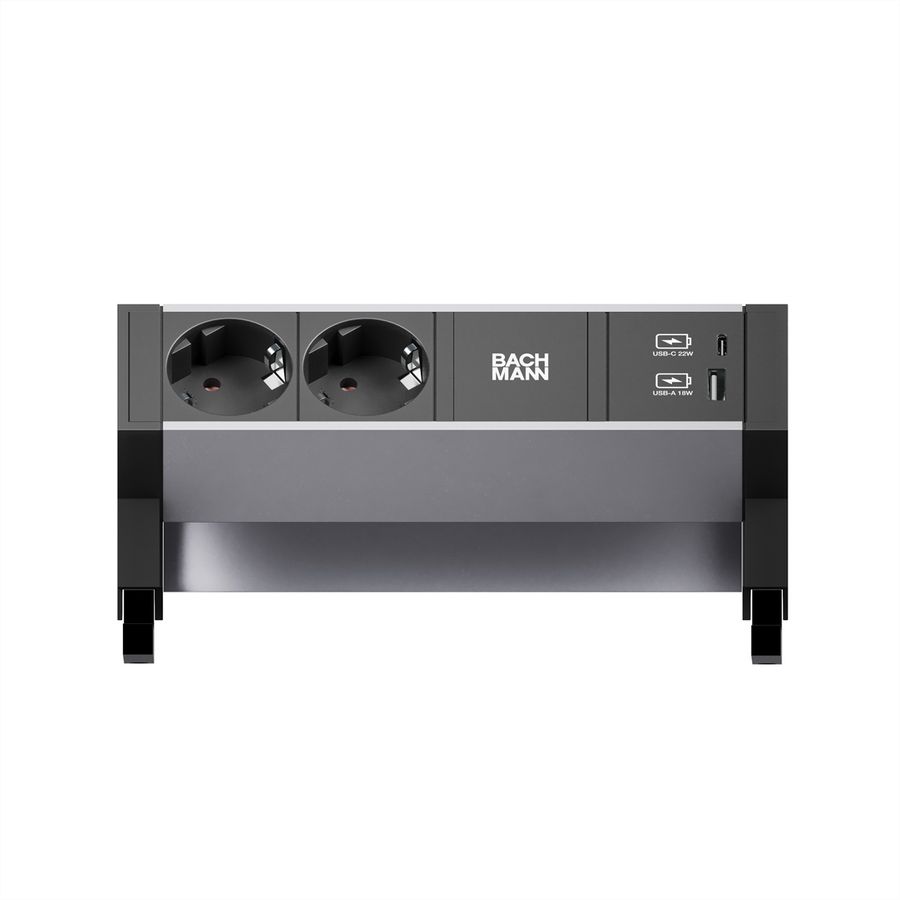 BACHMANN DESK2 ALU BLACK 2xSchutzkt.USB, USB Charger 22W A&C 0,2m GST18